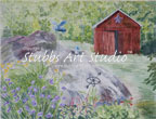 A thumbnail image of a watercolor painting entitled Bee in the Garden that is available as a Fine Art Print. The warm summer sun casts its bright light across this finely landscaped scene. A play on words, this watercolor painting takes you into the comfort of the backyard garden with the familier red shed and garden accoutrements featuring the Bee in the garden.