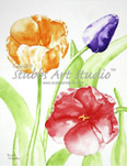 A thumbnail image of a watercolor painting entitled Three Flowers that is available as a Fine Art Print. These brightly colored orange, red, and purple flowers on a white background seem to wave in the morning breeze, just beginning to open to the mornings early light.