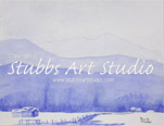 A thumbnail image of a watercolor painting entitled Winter in Blue that is available as a Fine Art Print. Using shades of blue this painting depicts a lone cabin dwarfed by a series of snow covered mountain ranges that fade into the skyline.