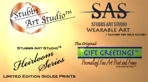 This is an image of 3 logos representing the Stubbs Art Studio line of products including exhibition quality fine art prints, wearable art, and the origianl gift greetings.